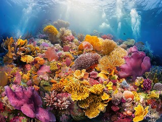Naklejka premium Diving into vibrant coral reef underwater paradise nature photography marine environment wide-angle view biodiversity concept