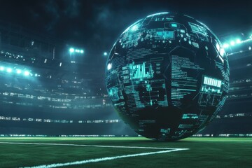 Futuristic soccer ball displaying data analysis on a stadium field