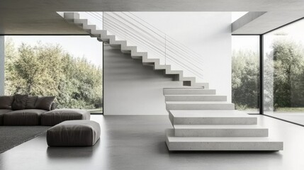 Fototapeta premium Modern minimalistic interior design featuring a striking floating staircase with concrete steps, large windows, and a cozy seating area in a bright living space.