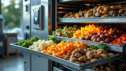 Obraz premium Fresh produce inside a large industrial freezer, showcasing various vegetables and fruits that have been preserved for long-term storage.