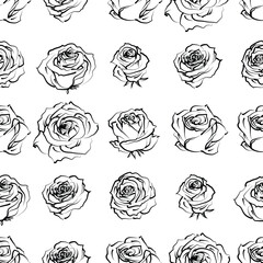 Fototapeta premium Seamless pattern with hand drawn rose flowers on white. Vector floral sketch background. Summer botanical doodle illustration. Monochrome outline design good for print fabric, wrapping paper, web