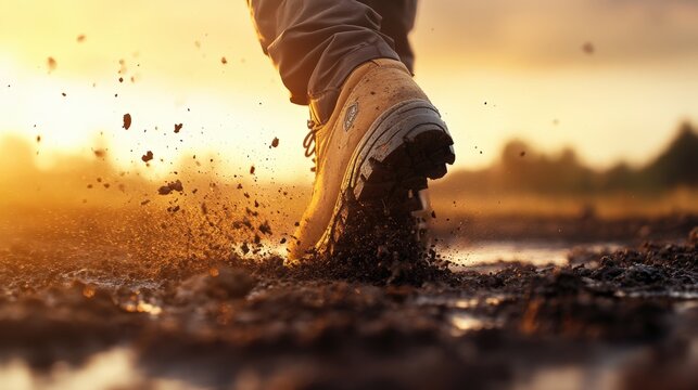 a close-up of a hiking boot stepping through muddy terrain during sunset