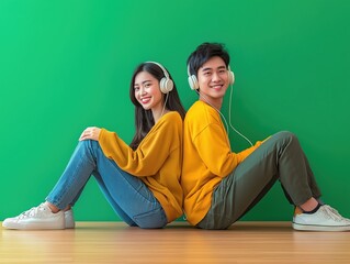 Young couple enjoying music together studio photography indoor side view friendship and connection