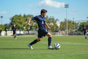 Obraz premium Soccer player dribbling ball on field during a sunny day