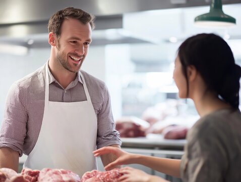Butcher assisting customer local meat shop photo indoor market close-up community engagement
