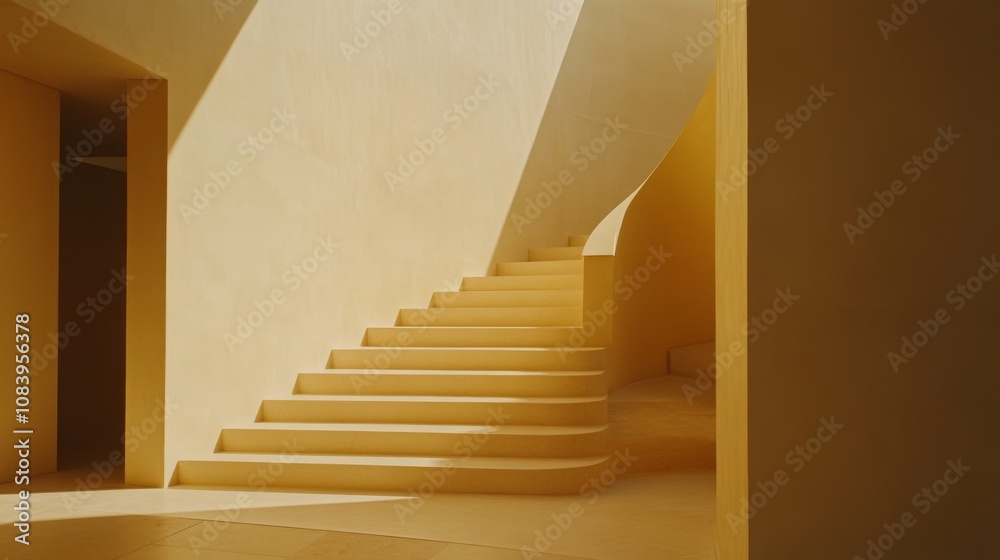 Poster Beautiful Minimalist Architecture Featuring Curved Staircase and Soft Yellow Tones in a Contemporary Interior Setting