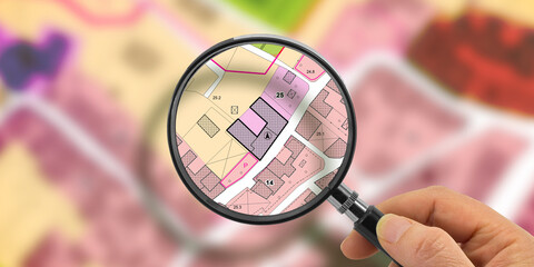 FIND VACANT LAND FOR BUILDING ACTIVITY AND HOME DEVELOPMENT - Concept with magnifying glass on cadastral map to find the plots of land - Building roject concept