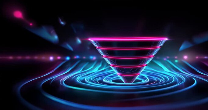 Futuristic sales funnel background with vibrant neon lights, representing funnel optimization, sales processes, and digital lead magnet for marketing