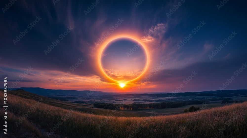 Poster breathtaking sunset with circle of light over rolling hills and fields, dramatic sky with clouds and