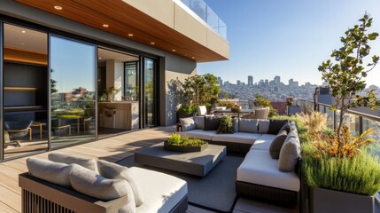 Modern Rooftop Terrace with City Views and Lush Greenery