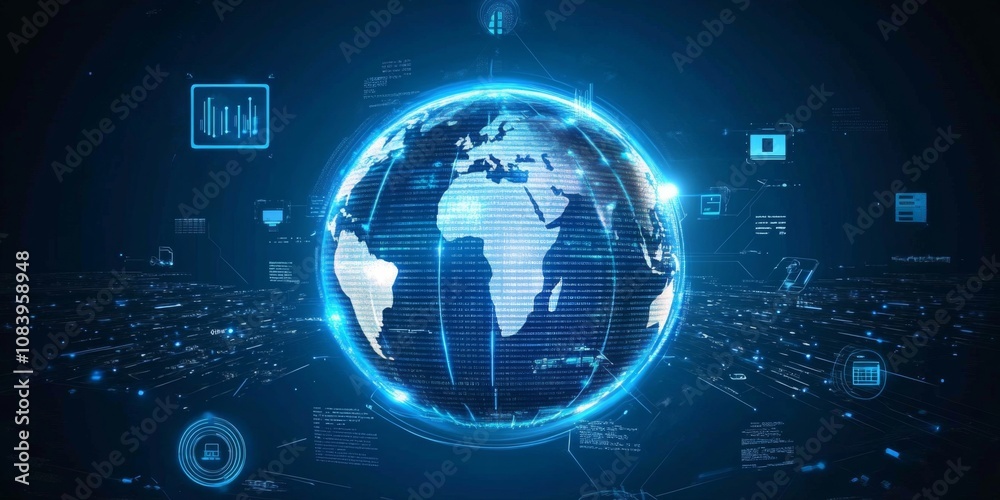 Wall mural international tech development : servers, code, and tech icons symbolizing tech globalization