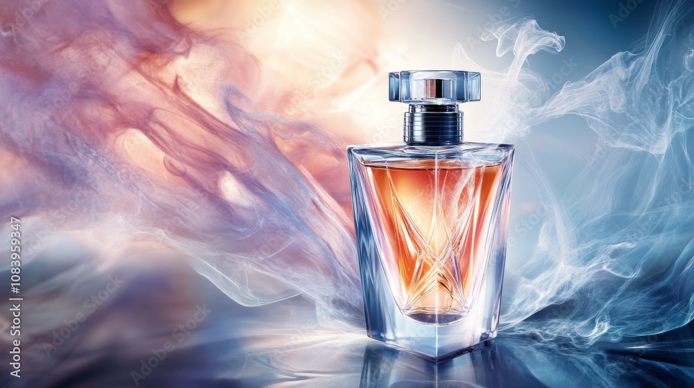 Poster elegant glass perfume bottle with an intricate design captured in a dreamy surreal background of col