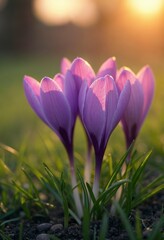 Purple crocus flowers blooming in a grassy field with a blurred green background