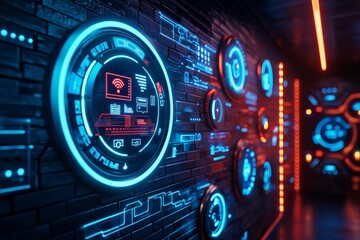 Close-Up of a Futuristic Smart Home Assistant Interface with Digital Displays, Modern Design, and Neon Lighting Elements in a High-Tech Environment