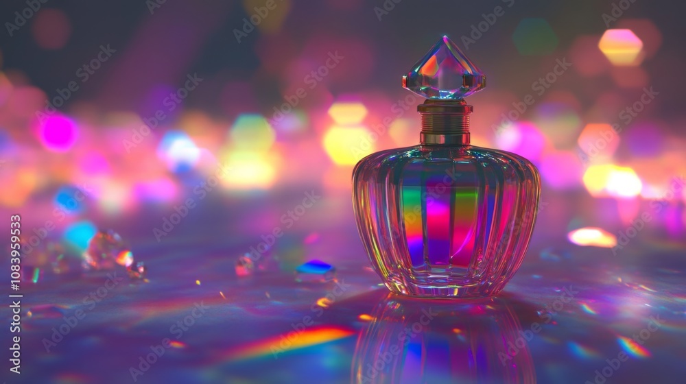 Poster Captivating Rainbow Glass Perfume Bottle with Reflections and Colorful Bokeh Background Creating a Dreamy and Ethereal Atmosphere for Product Displays
