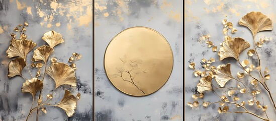 3D wallpaper, three panels, ginkgo leaves and deer pattern background wall decoration painting, golden circle in the middle of each panel