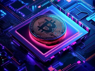 Obraz premium Futuristic Digital Wallet Interface Displayed on a Holographic Screen with a Bitcoin Coin Embedded in a Neon-Circuit Background for Cryptocurrency Technology Concept