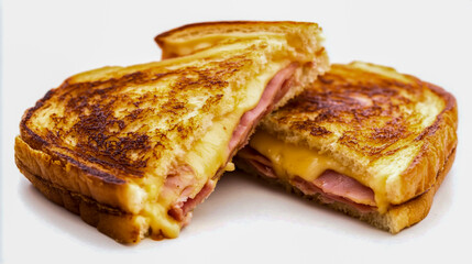 Delicious ham and cheese sandwich, perfectly arranged and isolated on a white background