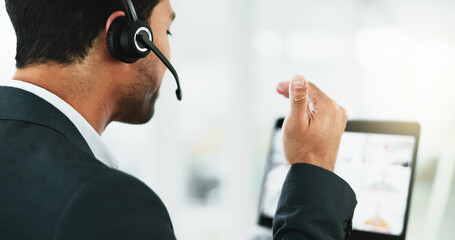 Online meeting, speaker and business man with laptop in office for planning, virtual conference and webinar. Communication, microphone and video call with person in agency for feedback and networking