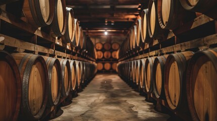 Rows of wooden barrels aging wine in a dimly lit cellar, highlighting the quiet, peaceful process of fermentation