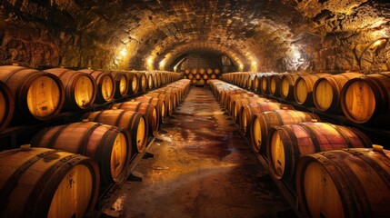 Rows of wooden barrels aging wine in a dimly lit cellar, highlighting the quiet, peaceful process of fermentation