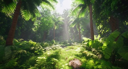 Obraz premium A dense jungle filled with lush greenery and towering trees, showcasing the beauty of nature's abundance in its purest form.