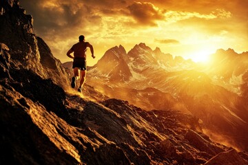 Fototapeta premium Trail runner training in mountains at sunset