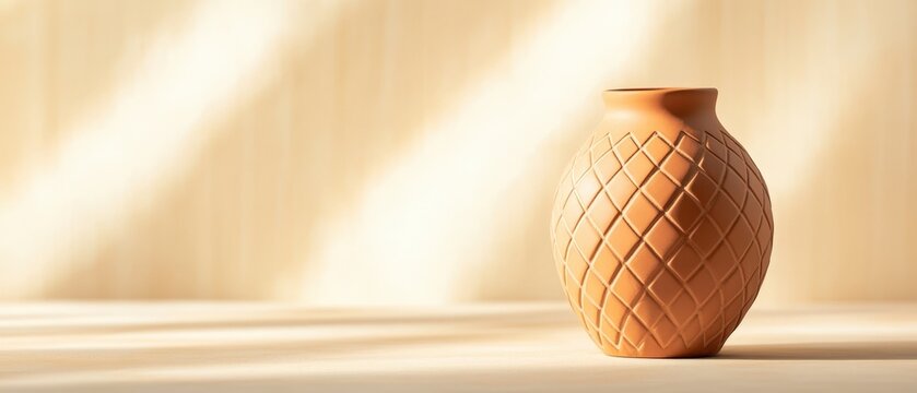 decorative terracotta vase with textured design on a wooden surface