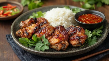 Fototapeta premium Delicious Grilled Chicken Wings Served with Aromatic Rice, Fresh Cilantro, and Spicy Dipping Sauce on a Rustic Wooden Table Setting