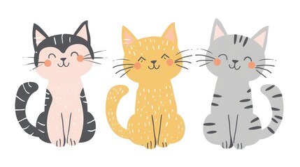 Set of cute cats isolated on white background for textile, wrapping paper, posters. Hand drawn, Concept for children print