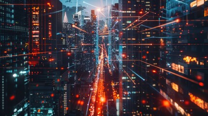 Fototapeta premium Skyline of New York, AI brain holograms, and futuristic technologies