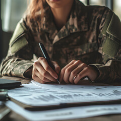 A military personnel writes on documents, showcasing focus and dedication in a tactical environment with paperwork and a pen.