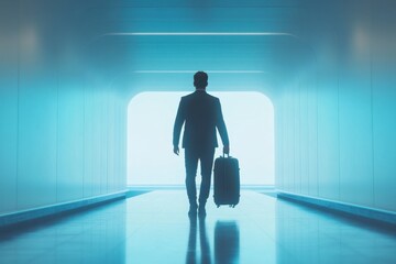 Fototapeta premium Businessman walking in futuristic tunnel with suitcase and bag