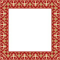 Vector gold with red square Kazakh national ornament. Ethnic pattern of the peoples of the Great Steppe