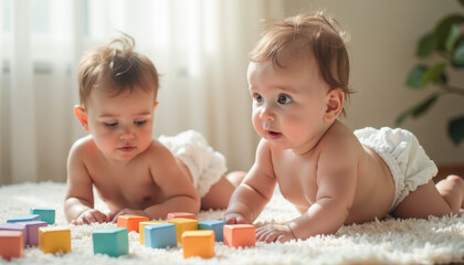 Adorable twin babies playing with colorful blocks on soft carpet in bright living room