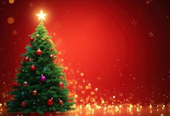 Christmas background with xmas tree and sparkle bokeh lights on red canvas background