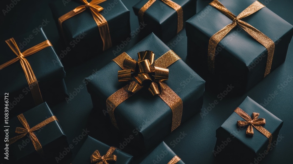 Poster a row of black boxes with gold ribbons on them