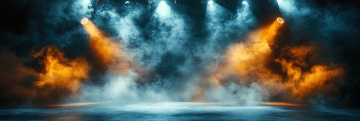 empty dark stage with spotlights , fog and smoke in the air, for opera performance. Stage lighting. Empty stage with bright colors backdrop decoration. Entertainment. empty theater stage with light