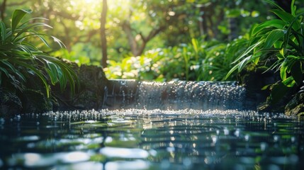 Fototapeta premium Smart water systems with efficient resource management and deep depth of field in a tranquil natural landscape featuring a scenic lake river or stream surrounded by lush vegetation and a serene