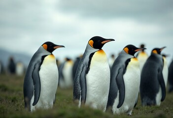 A group of emperor penguins standing on a grassy field with a cloudy sky in the background