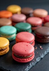 Obraz premium Colorful macarons or meringue cookies on a dark slate background