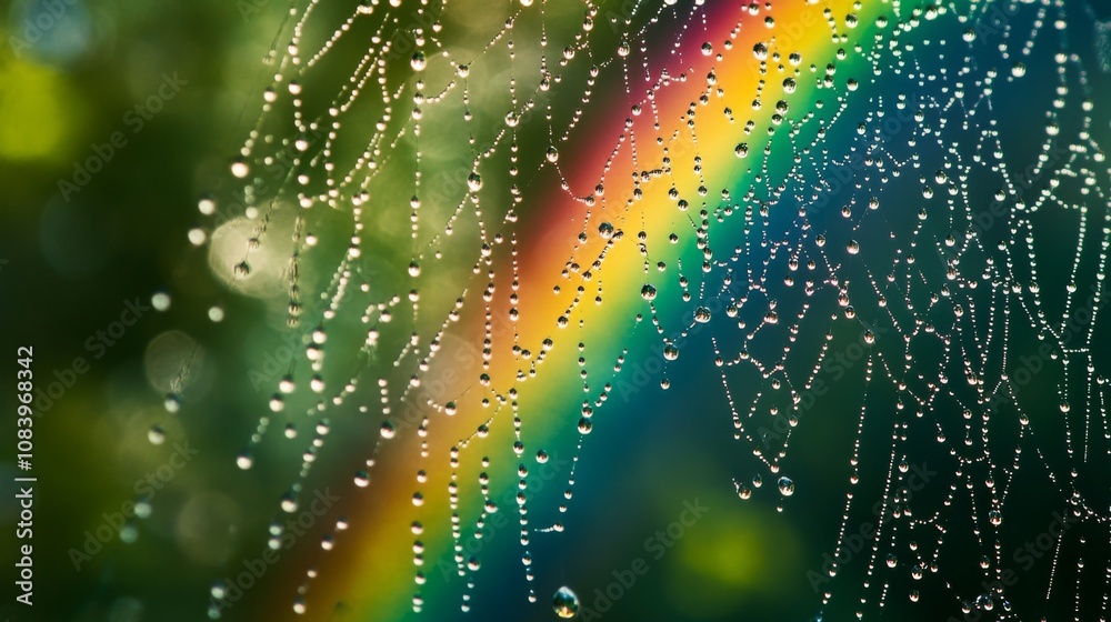 Poster Captivating Rainbow Reflection in Droplets on a Spider Web Surrounded by Nature's Lush Greenery and Soft Bokeh Lights