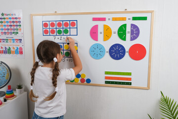 Little girl standing in classroom near white magnetic board, smiling, solving math problems using...