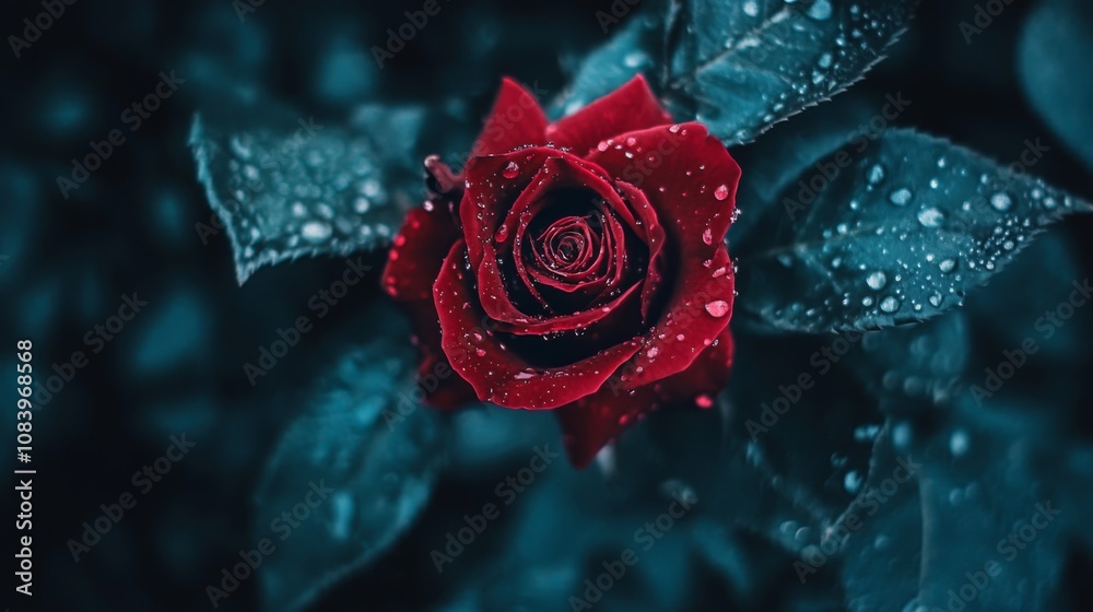 Poster captivating red rose blooms with dew drops amidst lush green leaves creating an enchanting floral sc