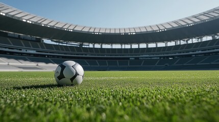 Here's a description and keywords for your stock photo.. Soccer ball sits alone on a pristine green field in a large, empty stadium under a bright sky.