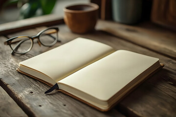 Fototapeta premium Photo Notebook, Glasses, Wooden Table Still Life