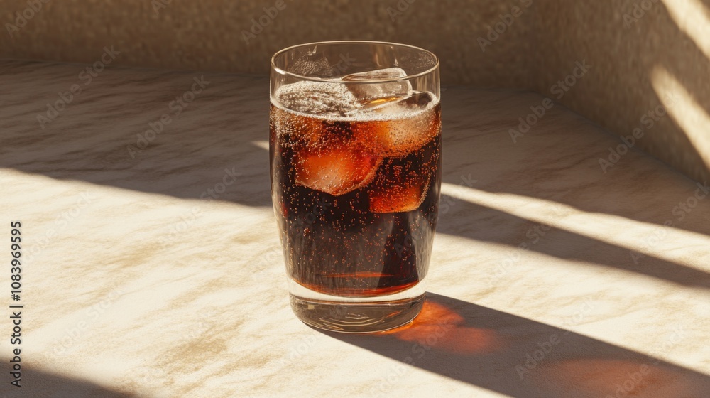 Poster Refreshing Glass of Carbonated Beverage with Ice Cubes Resting on a Sunlit Table, Perfectly Capturing the Essence of a Summer Chill and Enjoyment