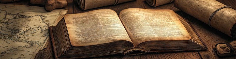 Obraz premium An open book, its yellowed pages turned down to mark a passage, surrounded by scrolls, parchment, and an aged map on a wooden floor.