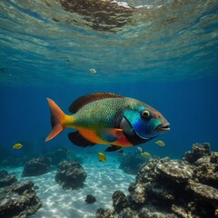 A colorful parrotfish swimming near a diving cormorant in crystal-clear waters.