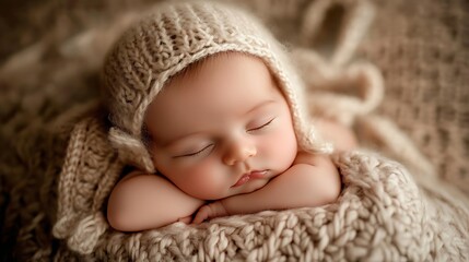 Newborn baby&acirc;&euro;&trade;s face with soft, fine hair and a calm expression, lying on a soft knitted blanket